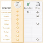 Comparison chart of a device with features like Ergonomic Design, Vibration, Heating, Red Light, Purple Light, Blue Light, Safety, and Smooth Edge, with 'Guasha Stone' highlighted.
