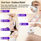 Hot and cold beauty device being used on various parts of the body with text highlighting its benefits.