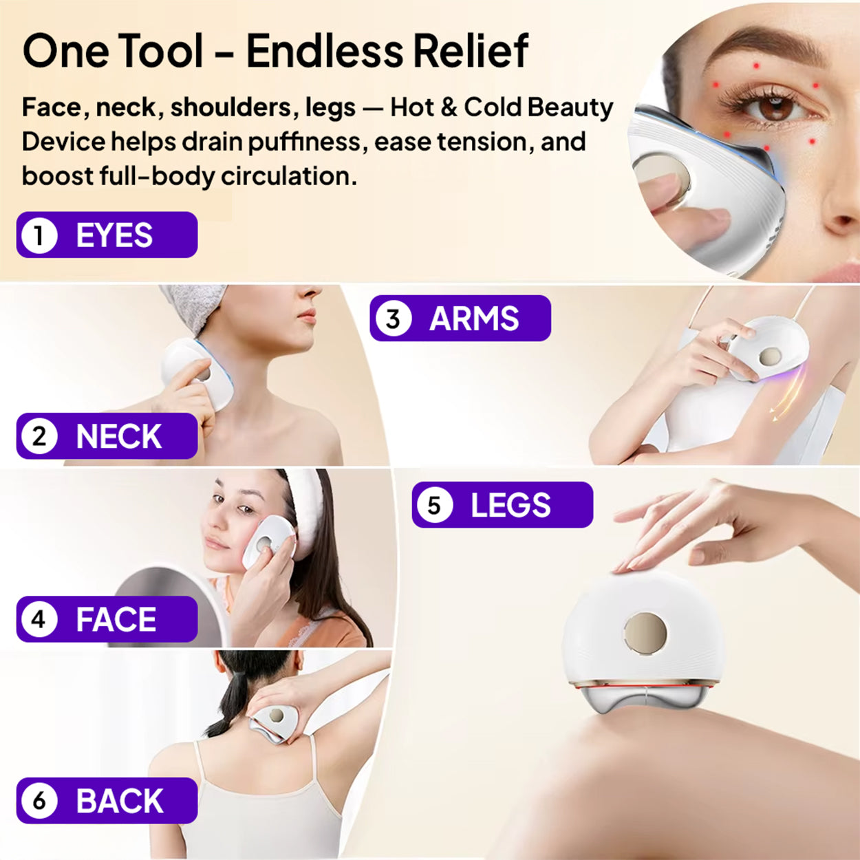 Hot and cold beauty device being used on various parts of the body with text highlighting its benefits.