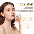 Woman using a skincare tool with text about 3D curve and skin care product effects.