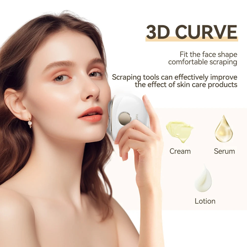 Woman using a skincare tool with text about 3D curve and skin care product effects.