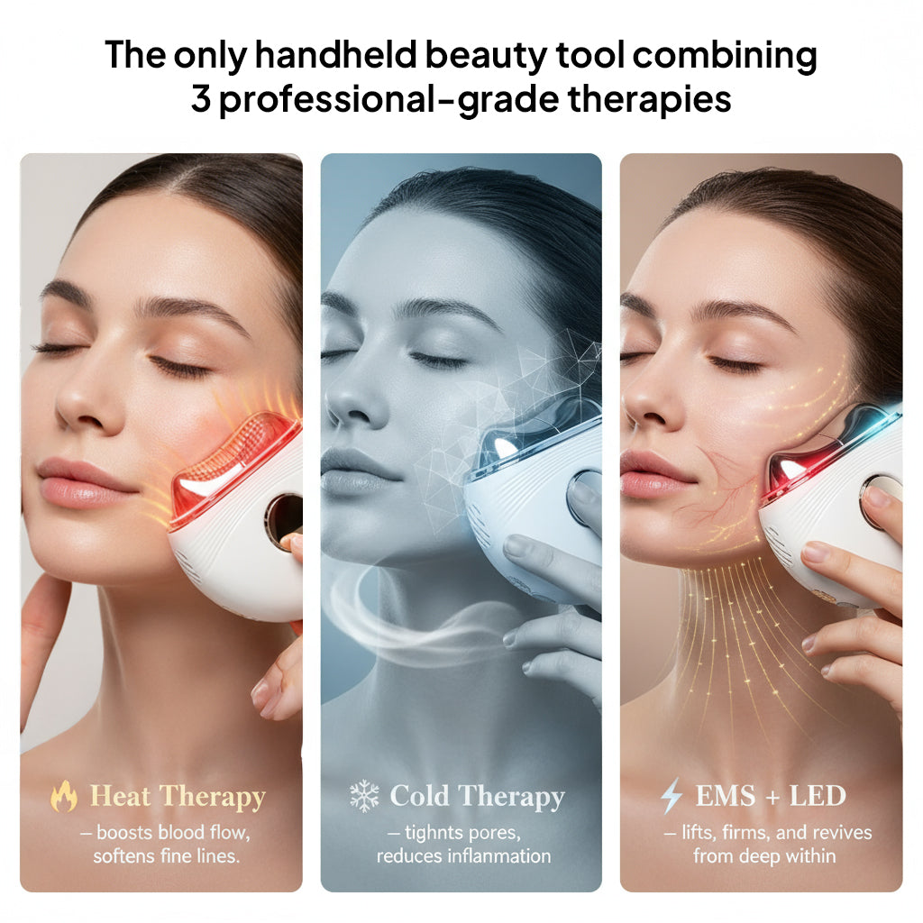 Handheld beauty tool with heat, cold, and EMS+LED therapies on a woman's face.