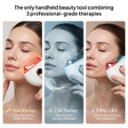 Handheld beauty tool with heat, cold, and EMS+LED therapies on a woman's face.