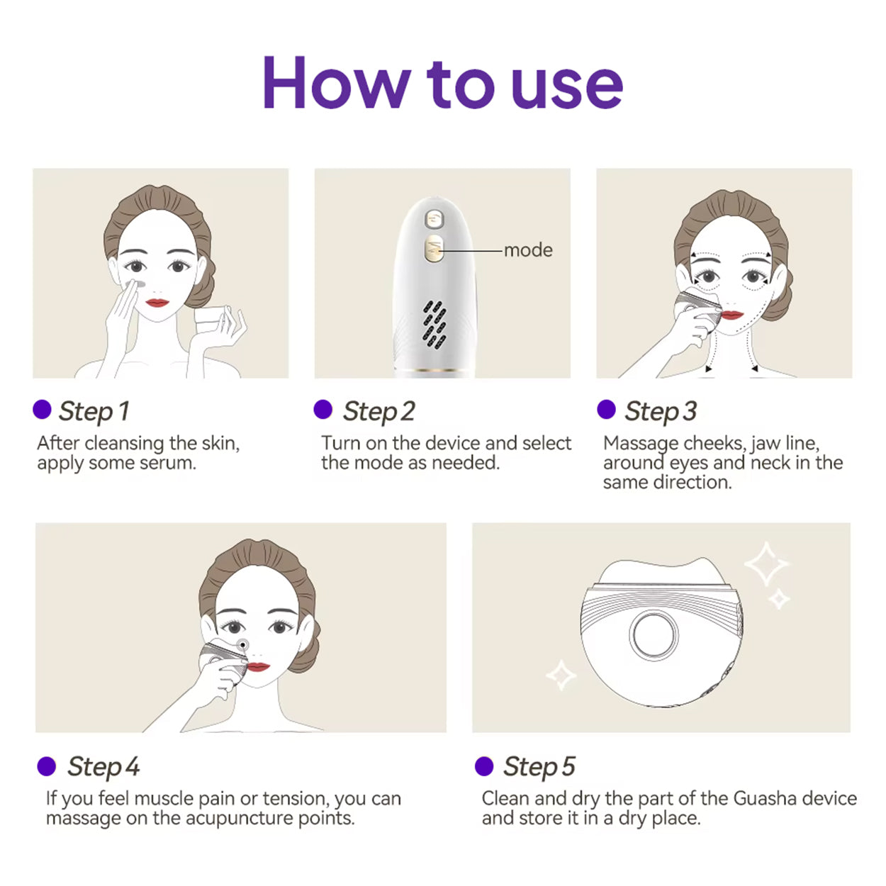Step-by-step guide on how to use a facial device with illustrations and text.